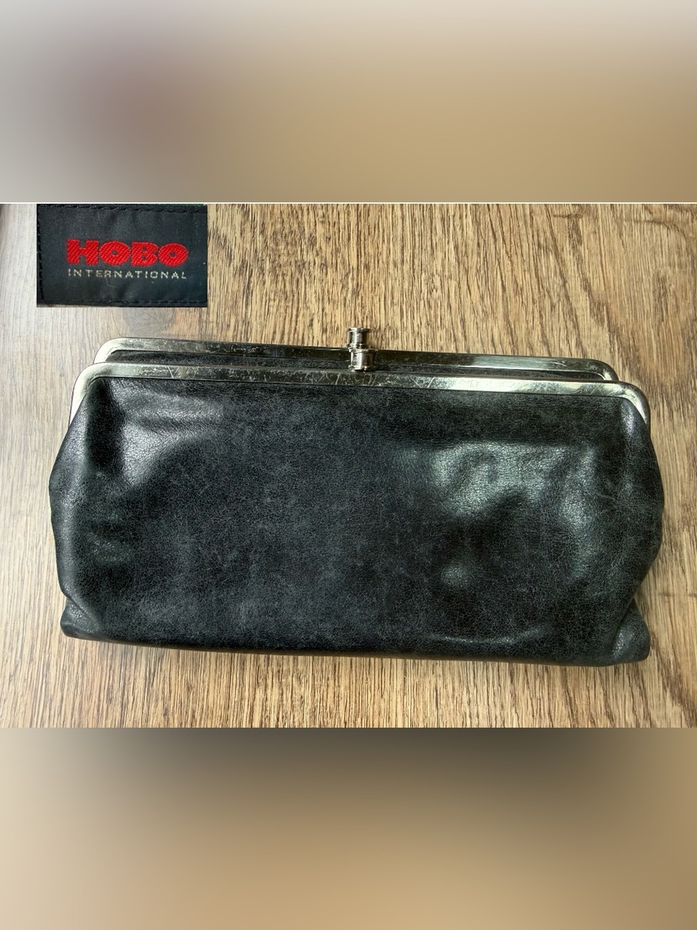 Classic HOBO Vintage Lauren Double Frame Kiss Lock Leather Clutch Wallet Black